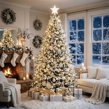 Christmas tree in shades of white and gold, a fireplace with flames, garlands and lights