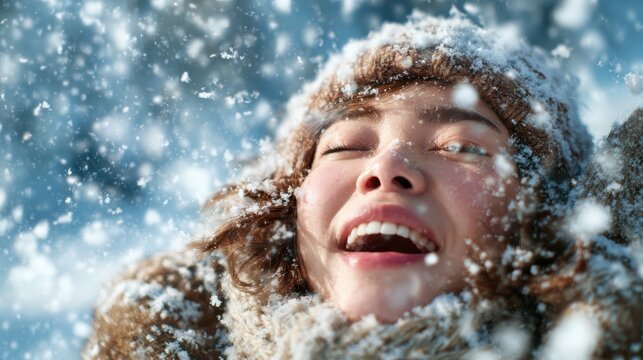 A joyful woman revels in a snowy landscape, her laughter echoing through the wintry air while snowflakes dance around her, capturing the essence of winter joy.