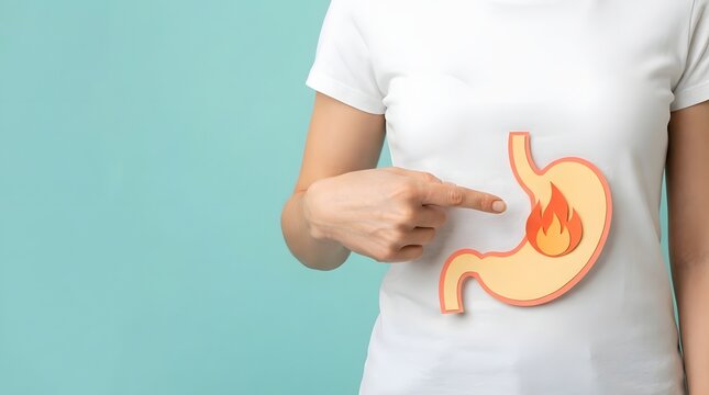 Woman Pointing at Stomach with Acid Reflux Flame Illustration
