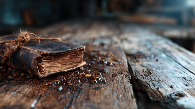 This image showcases a weathered leather-bound book resting on a rustic wooden table, highlighting the charm of antique literature against a captivating backdrop.