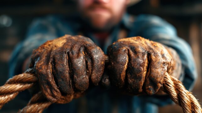 Rugged hands grip a thick rope tight in a rustic workshop, showcasing the strength and determination required for labor, symbolizing hard work and craftsmanship.