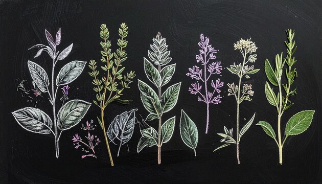 A collection of various culinary herbs and aromatic plants illustrated with chalk style on a dark black background for artistic decor.