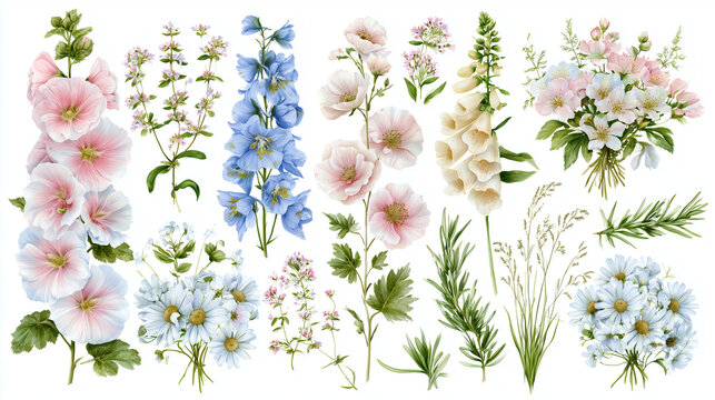 Beautiful watercolor botanical illustration set featuring a diverse collection of delicate spring and summer flowers: elegant pink mallow, vibrant blue delphinium, charming white daisies, soft pink