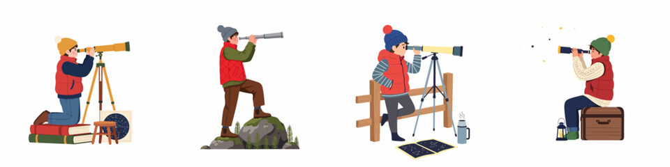 Collection of young boys observing the stars and nature using telescopes and binoculars in winter clothes, isolated on a white background.