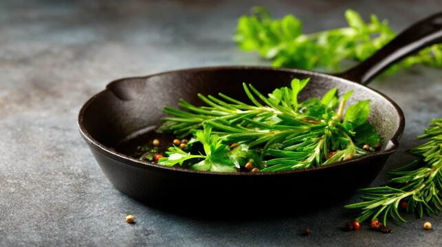 A collection of fresh green herbs resting in a cast iron skillet on a textured surface, showcasing the beauty of nature and culinary artistry in cooking.