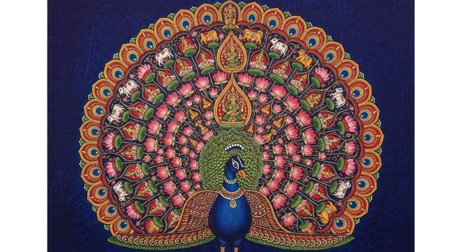 Intricate Indian Peacock Painting with Vibrant Colors and Detailed Feathers.
