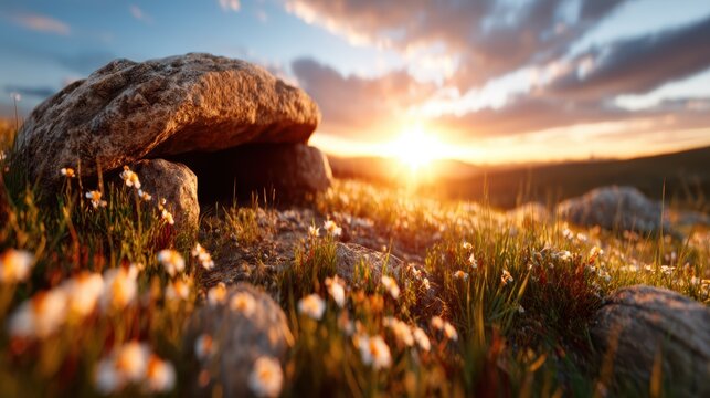 An enchanting sunset casts warm hues over rocks and delicate flowers in a breathtaking landscape, inviting tranquility and a sense of nature's beauty.