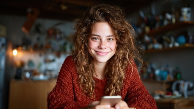 A smiling young woman interacting with her smartphone in a cozy, well-decorated space, representing the blend of technology, comfort, and modern lifestyle in everyday life.