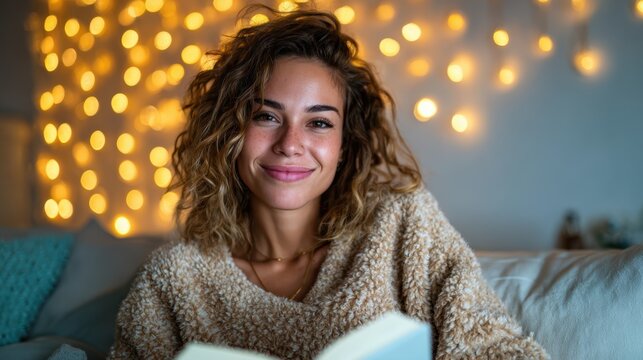 A young woman enjoys reading in a cozy space adorned with soft lighting, creating a warm and inviting atmosphere perfect for relaxation and enjoyment of literature.
