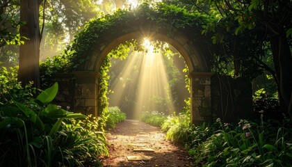 Obraz premium Enchanting stone archway covered in lush green vines with magical sunbeams shining through creating a peaceful and serene garden pathway scene.