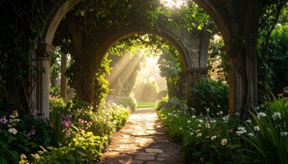 Obraz premium Enchanting stone archway leading into a magical sunlit secret garden path surrounded by lush greenery and vibrant blooming spring flowers.