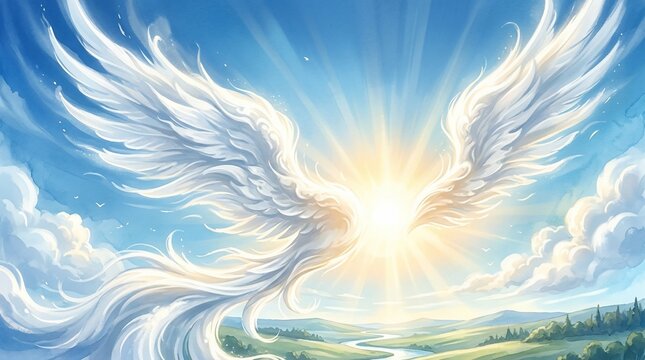 Ethereal White Wings in Bright Sky with Sunburst