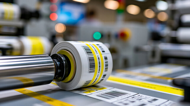 Close-up shot of labels manufacturing on flexo printing machine showing matrix waste or trim removal from adhesive material on flexographic press, flexo printing concept,
