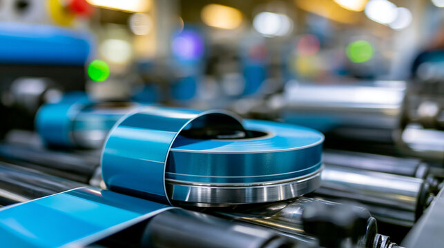Close-up shot of labels manufacturing on flexo printing machine showing matrix waste or trim removal from adhesive material on flexographic press, flexo printing concept,