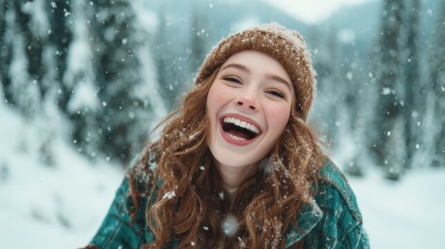 A cheerful young woman enjoys a snowy day, laughing amidst a beautiful winter forest, capturing the essence of happiness and playful spirit during the colder months of the year.