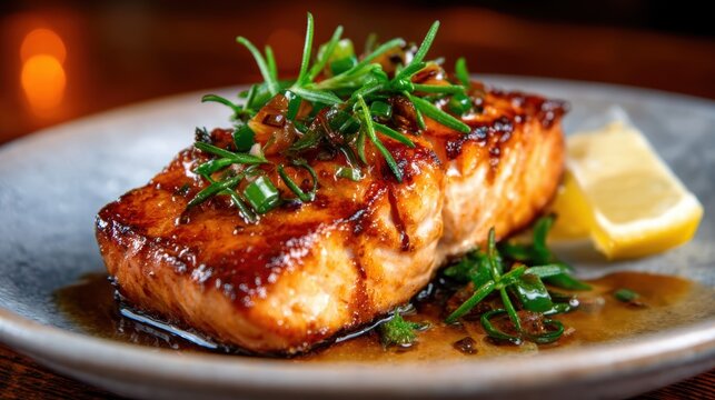 A beautifully plated salmon dish garnished with fresh herbs and a lemon slice, highlighting its tantalizing textures and colors, perfect for food lovers and culinary enthusiasts.