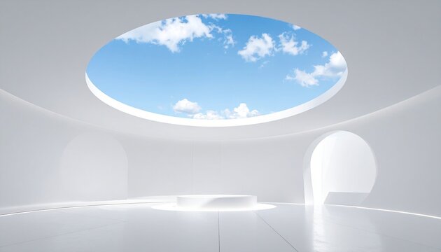 A serene minimalist white circular room interior with a large skylight opening revealing a bright blue sky with fluffy white clouds above.