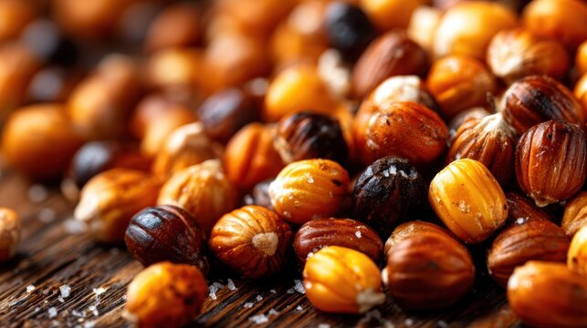 A vibrant close-up of various gourmet popcorn kernels showcases a rich mix of colors and textures, inviting viewers to enjoy its deliciousness and culinary appeal.