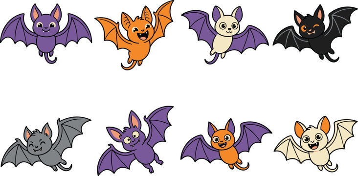 Cute Cartoon Bat Character Collection Set with Colorful Flying Halloween Animal Vector Illustrations