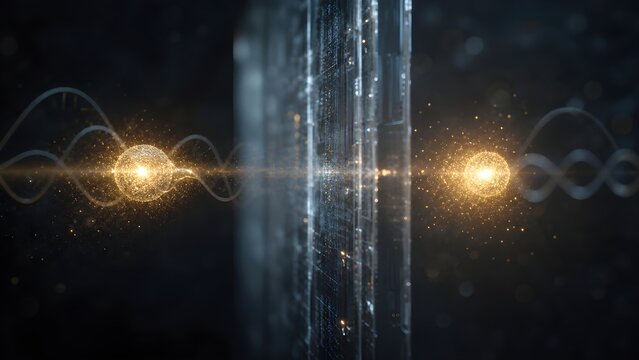 Conceptual quantum physics illustration of a subatomic particle successfully performing quantum tunneling and passing through an impenetrable energy barrier in a quantum mechanics field