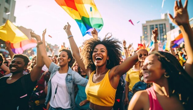 Joyful diverse crowd celebrating at a pride parade with rainbow flags and confetti.