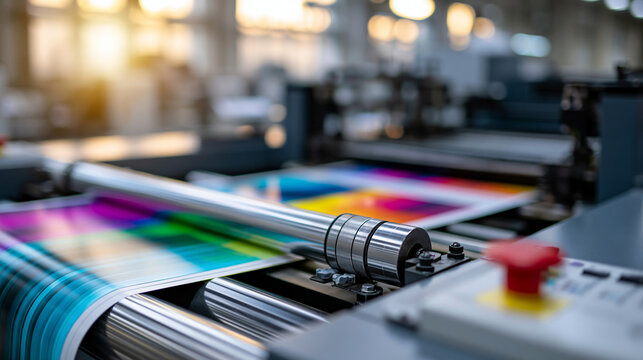Modern printing press with color printing representing advanced commercial print production technology, commercial printing concept, industrial photography, blurred factory
