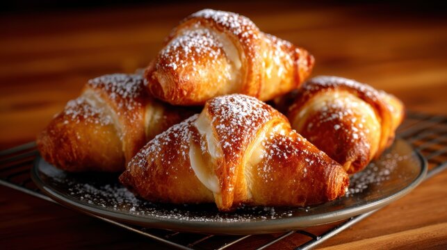 A scrumptious display of freshly baked cream-filled croissants, dusted with powdered sugar, showcasing their golden-brown texture and inviting appearance.