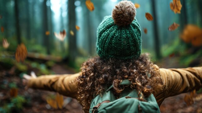 A person with curly hair wearing a green hat embraces nature, joyfully spinning in a serene forest, surrounded by falling leaves, symbolizing freedom and connection to the earth.