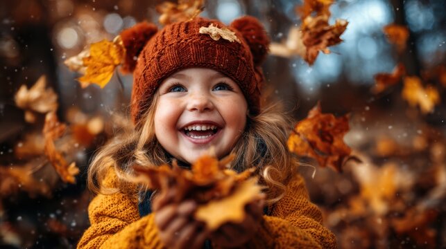 A joyful child wearing a cozy hat gleefully gathers autumn leaves, radiating happiness against a backdrop of seasonal beauty, capturing the essence of childhood and nature's splendor.
