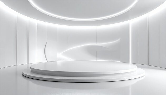 A modern circular white stage platform in a bright minimalist room with glowing architectural curves for high end product display presentation.