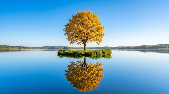 Single yellow tree on a small island in a calm lake