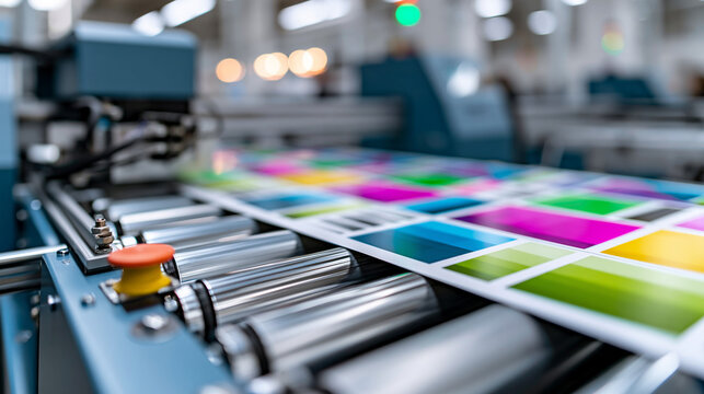 Modern UV DTF printer and laminator machine producing colorful custom stickers in professional print production facility, custom printing concept, industrial photography, blurred