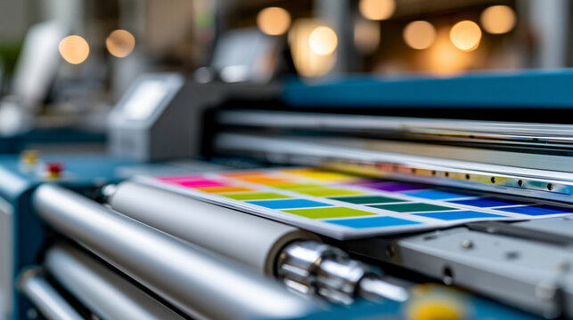 Modern UV DTF printer and laminator machine producing colorful custom stickers in professional print production facility, custom printing concept, industrial photography, blurred