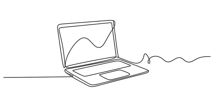Continuous single line drawing of a laptop computer with a business graph on screen