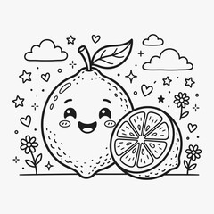 Fototapeta premium Cute lemon character with slice and decorative elements in black and white line art style