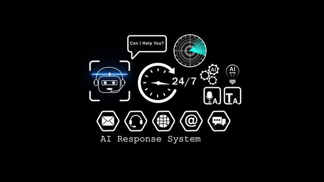 Ai customer support response system interface with 24/7 chatbot and digital technology hud artificial intelligence