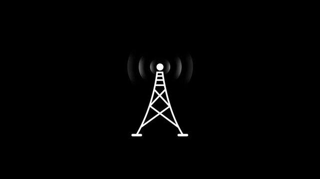 Radio tower signal transmission animation with pulsing waves on black background, broadcast communication