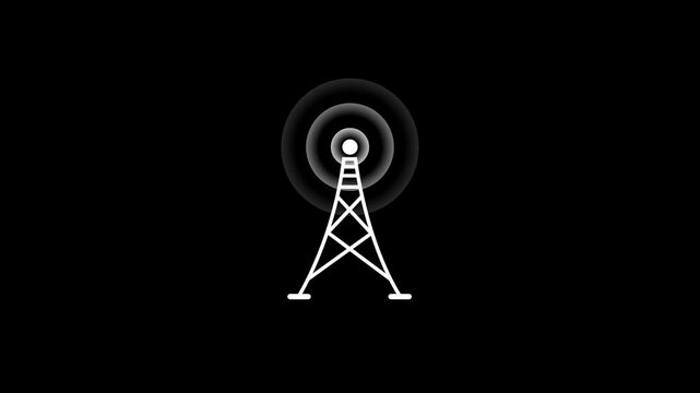 Radio tower with pulsing signal waves animation on black background, broadcast antenna transmission