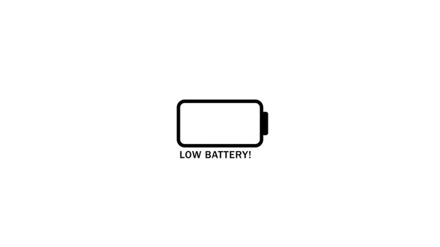 Low battery warning animation, flashing red power indicator on white background, energy charging empty