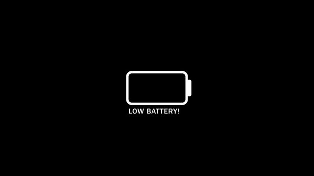 Low battery warning animation on black background, for tech interface, power energy charge
