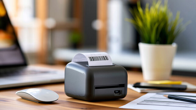Compact portable thermal receipt printer for retail billing warehouse logistics shipping labels and mobile business operations, portable business equipment concept, product