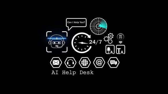 Ai help desk interface animation: 24/7 customer support chatbot digital hud artificial intelligence