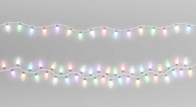 Christmas garlands and glowing LED bulbs. Festive lights and decorative strings.
