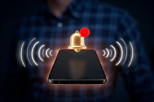 Businessperson holding modern smartphone displaying notification bell and sound waves alerts digital interface communication alert