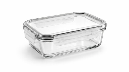 Empty glass food storage container with airtight locking lid isolated on white background