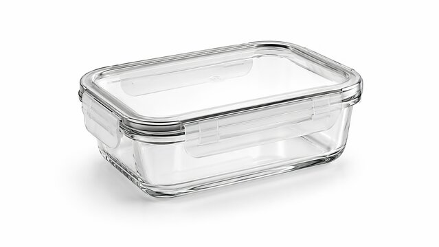 Empty glass food storage container with airtight locking lid isolated on white background