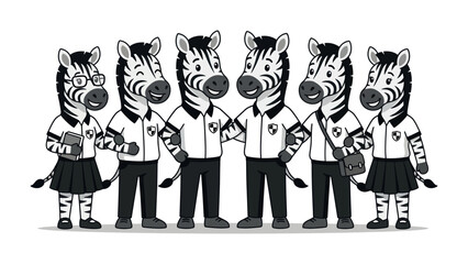 Cartoon Zebras as Students: A group of six cartoon zebras dressed in school uniforms, some holding books and bags, stand together, evoking a sense of camaraderie and learning.