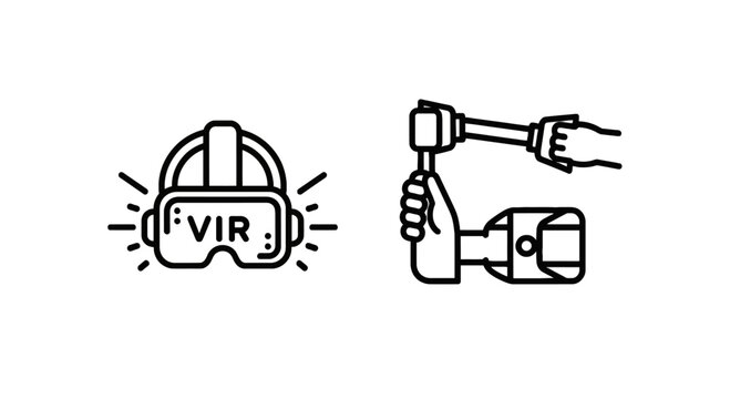 Virtual reality headset and vr technology user interaction icons with technology experience interaction simulation immersive innovation software