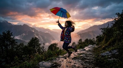 Obraz premium Joyful Woman Jumps with Rainbow Umbrella Amidst Dramatic Mountain Sunset.