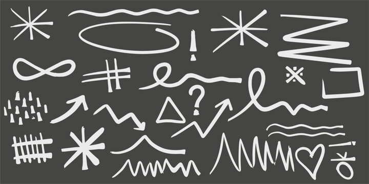 Hand drawn doodle line brush set with arrows stars and shapes on dark blackboard background